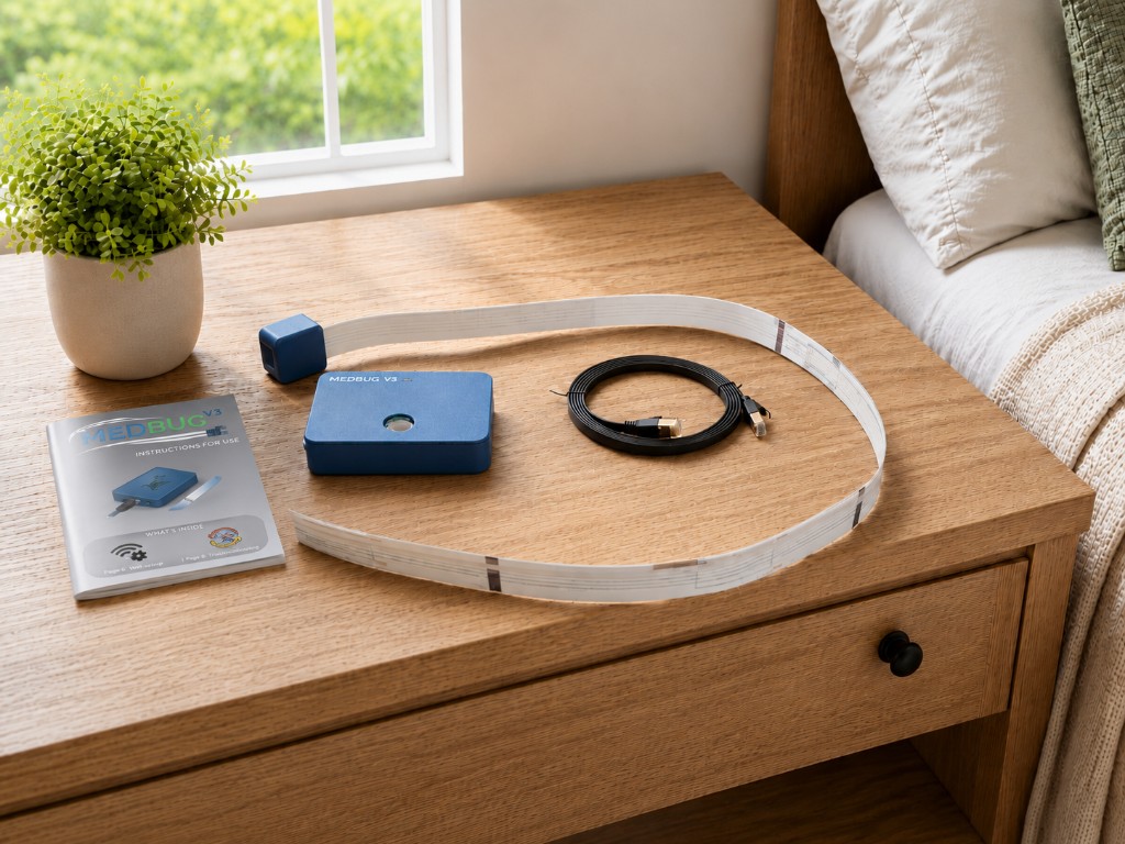 MedBug V3 kit with sensor strip, connector cable and instructions on a bedside table