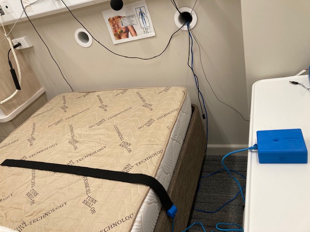 MedBug sensor strip installed on a research bed in a sleep laboratory